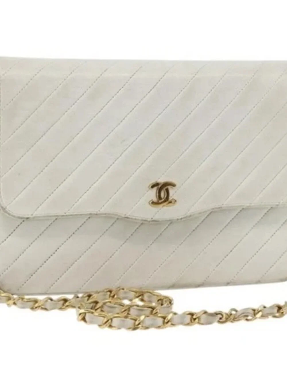 CHANEL Matelasse Chain Shoulder Bag Lamb Skin White Gold CC Auth BA11362A